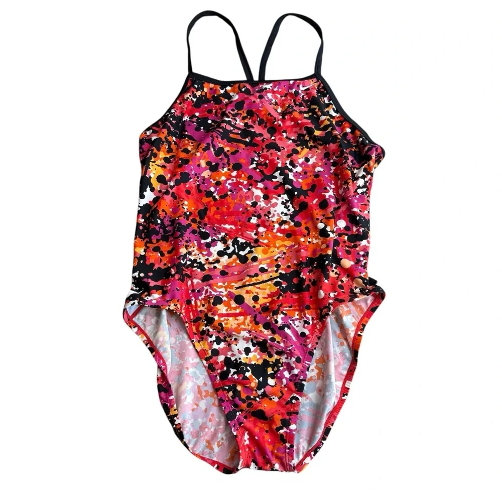Nike Women’s Size 14 One‎ Piece Swimsuit Red Orange Abstract Open Back Sporty